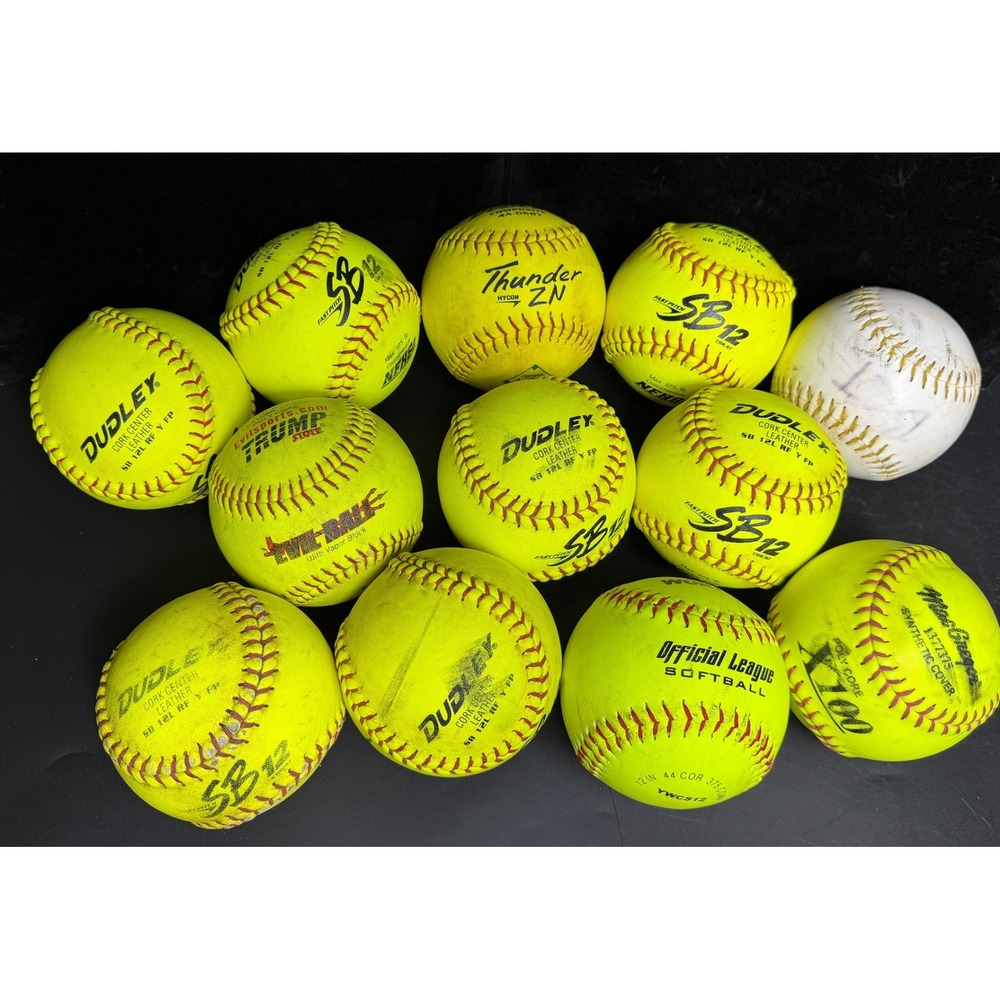 Lot of 12 Practice Softballs-Dudley SB12, Worth Thunder ZN, MacGregor, Trump